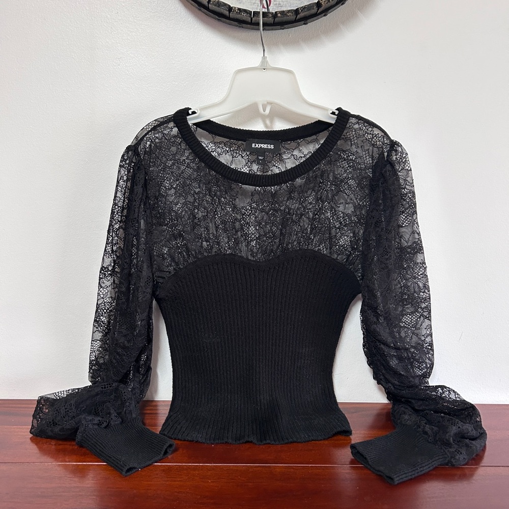 Express Black Asymmetrical Fitted Long Sleeve Blouse